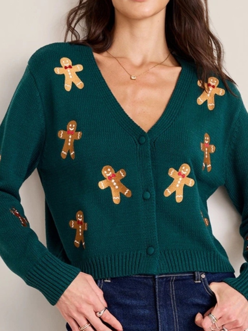 Women’s Dark Green V-Neck Gingerbread Button-Front Cardigan